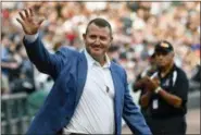  ?? MATT MARTON — THE ASSOCIATED PRESS ?? Jim Thome, who was inducted this year into the Baseball Hall of Fame, waves to fans before the team’s baseball game against the Indians on Aug. 11 in Chicago.