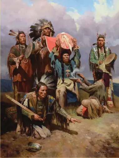  ??  ?? Completed Painting
The White Buffalo War Shield, oil, 62 x 47”. Liang shares, “This was the completed painting. When the first coat of the paint was dry, I put a coat of retouching varnish on it and worked on the unsatisfie­d areas.”