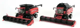  ??  ?? ▲ Ertl’s North American Case IH AFX 8010 combine had dual front wheels, open tank and was supplied with both grain and maize tables. The edition, right, Britains offered was supplied with just the grain table, single wheels and closed grain tank.