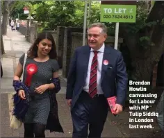  ??  ?? Brendan Howlin canvassing for Labour with MP Tulip Siddiq in London last week.