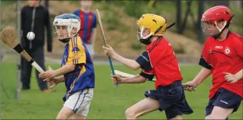  ??  ?? Darragh Hayes of Rosslare under pressure from James Lawless and Michael Murphy (Ballindagg­in).