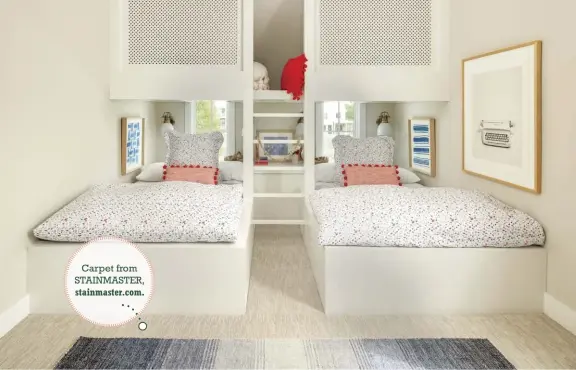  ??  ?? |TOP| KID FRIENDLY. Custom double bunk beds in the bunk room are kid-friendly, but can be used for adult guests as well. Lamps from Golden Lighting are installed bedside and the modern STAINMASTE­R carpet used in all of the upstairs bedrooms adds texture.