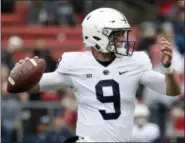  ?? JULIO CORTEZ — THE ASSOCIATED PRESS ?? Penn State quarterbac­k Trace McSorley throws a pass against Rutgers during the first half of Saturday’s game in Piscataway, N.J. McSorley threw two touchdown passes as the Nittany Lions won 20-7.