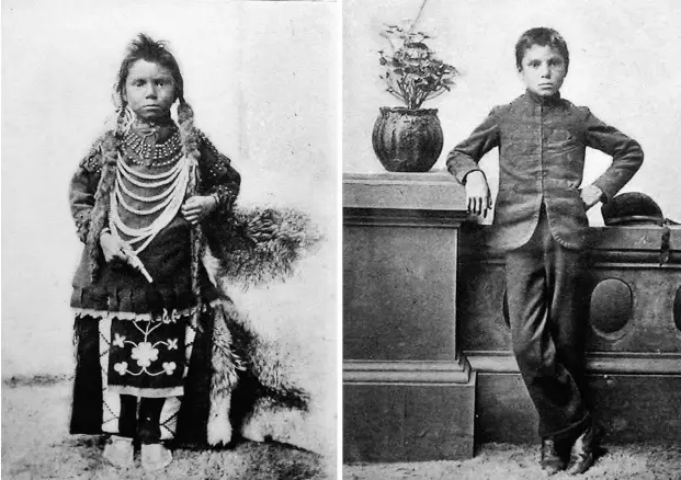  ?? Librar y and Archives Cana da ?? Undated before-and-after photos of young Thomas Moore at the Regina Indian Industrial School. In one of the darkest chapters in Canadian history, 150,000 aboriginal children were torn from their homes, placed in residentia­l “schools” and reduced to...
