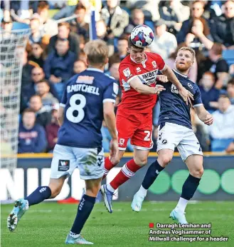  ?? ?? ■ Darragh Lenihan and Andreas Voglsammer of Millwall challenge for a header