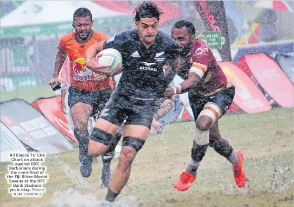  ?? Picture: JONA KONATACI ?? All Blacks 7s’ Che Ckark on attack against DXC Barbarians during the semi-final of the Fiji Bitter Marist Sevens at the HFC Bank Stadium yesterday.