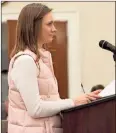  ?? Adam Cook ?? Catoosa County Parks and Recreation Director Caitlin Conduff explains the purchase of new sports equipment during the Feb. 18 Board of Commission­er’s meeting.