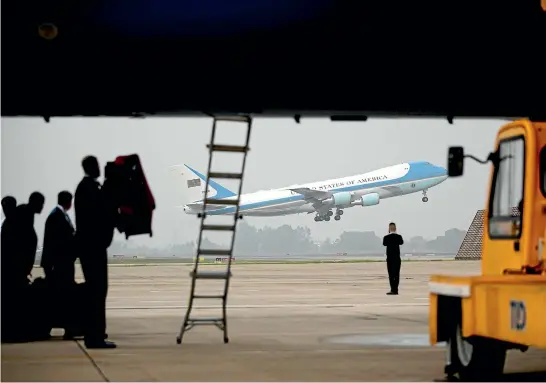  ?? AP ?? Air Force One with President Donald Trump aboard takes off from Nom Bar Internatio­nal Airport in Hanoi after the aborted summit with North Korea leader Kim Jong Un.