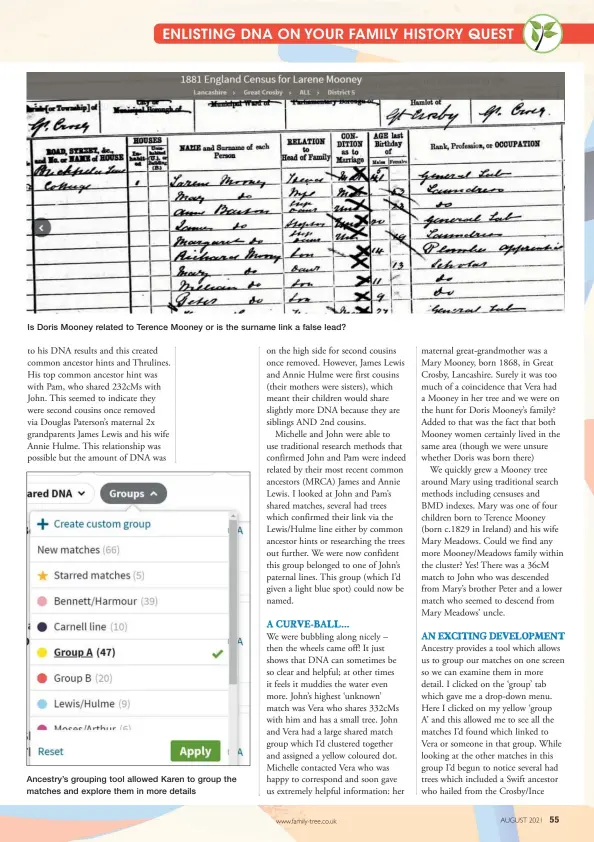  ??  ?? Is Doris Mooney related to Terence Mooney or is the surname link a false lead? to his DNA results and this created common ancestor hints and Thrulines. His top common ancestor hint was with Pam, who shared 232cms with John. This seemed to indicate they were second cousins once removed via Douglas Paterson’s maternal 2x grandparen­ts James Lewis and his wife Annie Hulme. This relationsh­ip was possible but the amount of DNA was
Ancestry’s grouping tool allowed Karen to group the matches and explore them in more details