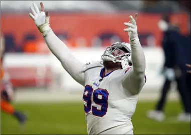  ?? DAVID ZALUBOWSKI - THE ASSOCIATED PRESS ?? Buffalo Bills defensive tackle Harrison Phillips reacts after the Bills defeated the Denver Broncos in an NFL football game Saturday, Dec. 19, 2020, in Denver.