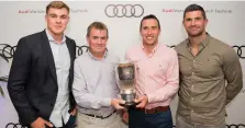  ??  ?? Off to Austria: Winners of the Audi Ireland quattro Cup 2018 National Final Seamus Lyons and Mark Fitzgerald alongside Audi ambassador­s and Ireland rugby stars Garry Ringrose (L) and Rob Kearney (R) at Mount Juliet Estate, Co. Kilkenny