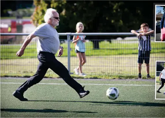  ?? FOTO: PEKKA PÄÄKKÖ ?? Det är första gången Göran Nerby deltar i gåfotboll på Lidingöval­len. Men full fart framåt är det ändå.