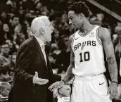  ?? Kin Man Hui / Staff photograph­er ?? Gregg Popovich often has praised DeMar DeRozan’s profession­alism, but advanced metrics this season don’t paint a kind picture of the veteran.