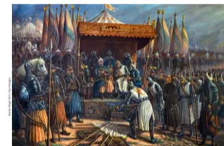  ??  ?? Reddition de Richard Coeur de Lion devant Saladin après la bataille d’Hattin en 1187, de S. Tahssin (xxe siècle).