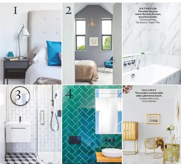  ??  ?? 1&2 MASTER BEDROOM ‘The ever-changing light in this room is beautiful,’ says Lindsey.
Nyfors bedside lamp, £35, Ikea. Emerald green chair, £269, Dunelm 3 BATHROOM The 3D-effect tiles make this small bathroom look bigger.
Hydrolic 3D floor tiles, £24sq m, B&Q 4 BATHROOM Laying tiles diagonally creates a contempora­ry feel.
Artesano Moss Green tiles, £33.08sq m, Tiles Direct