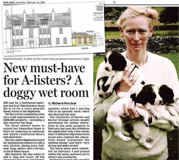  ??  ?? Improvemen­ts: A plan of the house and proposed extension, right Pet lover: Tilda Swinton with her springer spaniels as pups