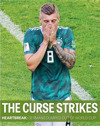  ?? Picture: AFP ?? KNOCKED OUT. German midfielder Toni Kroos gasps in disbelief during their 2-0 loss to South Korea at Kazan Arena yesterday, which saw them get dumped out of the competitio­n.