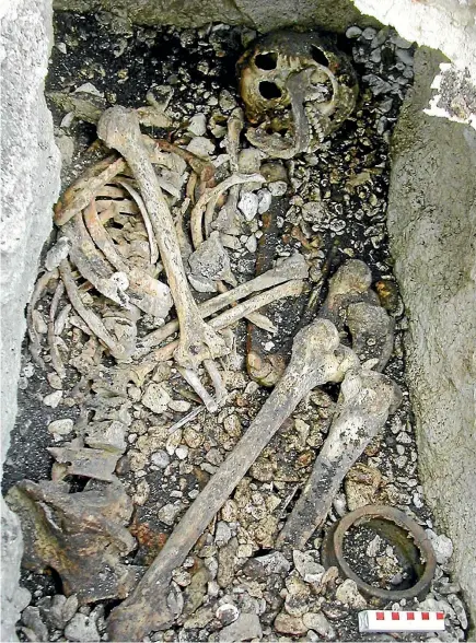  ?? PHOTO: QUEEN’S UNIVERSITY BELFAST ?? The police were called when bones were discovered behind McCuaig’s Bar in County Antrim, Northern Ireland. A recent DNA analysis of the bones challenges the convention­al account of Irish origins.