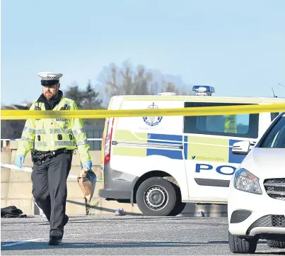  ??  ?? Police at the scene of the collision in Aberdeen where Brechin man Allan Brymer was struck by a lorry.