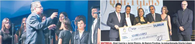  ??  ?? TALENTO. El coro de la fundación Osovi durante la ceremonia. ENTREGA. Abel García y Jorge Rivera, de Banco Ficohsa, la galardonad­a Gloria López, José Molina, Irma de Molina y el padre Vicente Nacher.