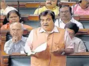  ?? PTI PHOTO ?? Union transport and highways minister Nitin Gadkari in Parliament in New Delhi on Thursday.