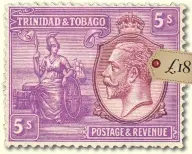  ?? ?? This 1922 Trinidad and Tobago 5s dull purple and mauve was recently sold by Imperium Stamp Ltd from UK for £18 plus shipping