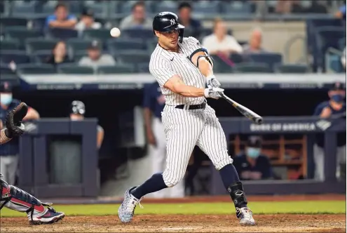  ?? Kathy Willens / Associated Press ?? Yankees pinch hitter Giancarlo Stanton misses during an at-bat during the eighth inning against the Red Sox on June 6 in New York.