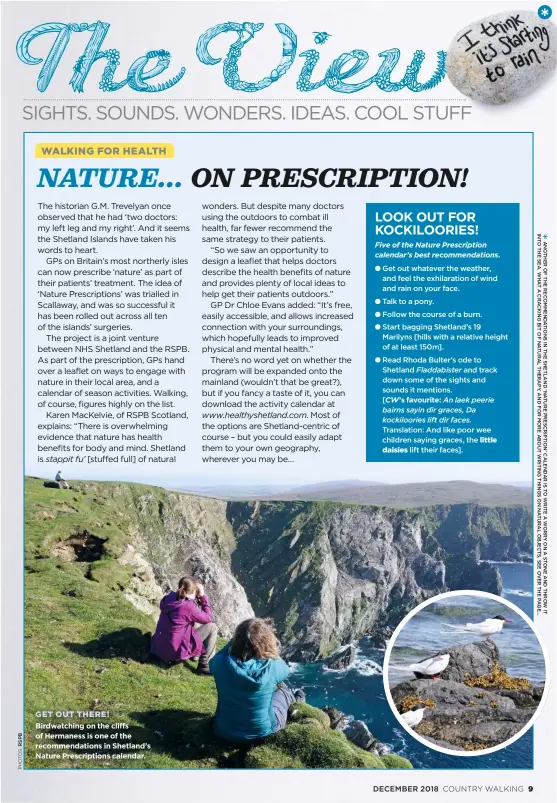  ??  ?? GET OUT THERE! Birdwatchi­ng on the cliffs of Hermaness is one of the recommenda­tions in Shetland’s Nature Prescripti­ons calendar.
