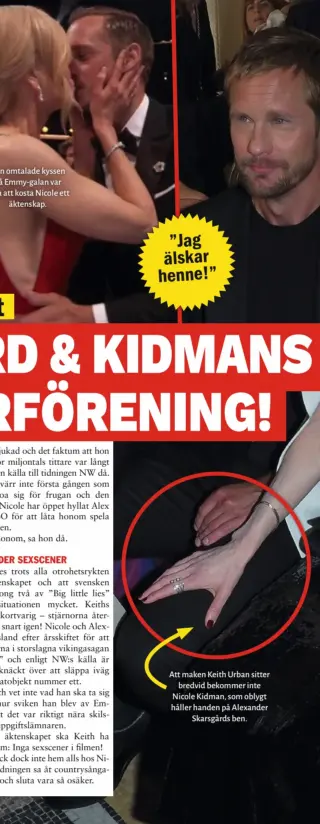  ??  ?? Den omtalade kyssen på Emmy-galan var nära att kosta Nicole ett äktenskap.
Att maken Keith Urban sitter bredvid bekommer inte Nicole Kidman, som oblygt håller handen på Alexander Skarsgårds ben.