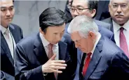  ??  ?? US Secretary of State Rex Tillerson (R) speaks with South Korean Foreign Minister Yun Byung-Se following a Security Council meeting on the situation in North Korea at the United Nations (UN) in New York City, April 28. REUTERS/Lucas Jackson