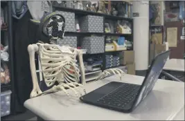  ?? CARIN DORGHALLI — ENTERPRISE-RECORD ?? Beth Burton taught out of an empty Pleasant Valley High classroom Wednesday in Chico. The only occupied desk was taken by a masked skeleton. On Monday, though, the desks will be occupied by students.