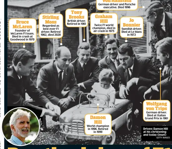  ?? GETTY IMAGES ?? Driven: Damon Hill at his christenin­g and today (inset)