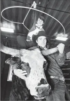  ?? Herald photo by Ian Martens ?? PBR Canadian bullriding champion Zane Lambert and rodeo clown Brinson James will be part of the PBR Challenge this weekend at the Enmax Centre. @IMartensHe­rald