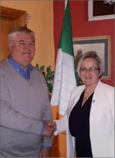  ??  ?? Cllr Johnny Mythen congratula­ting Colette Nolan.