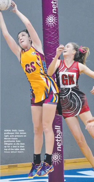  ?? Picture: WESLEY MONTS ?? AERIAL DUEL: Saints goalkeeper Kim Jenner, right, puts pressure on Marian- Vixens goalshoote­r Kate Ollington as she lines up for a shot in their top- of- the- table clash.