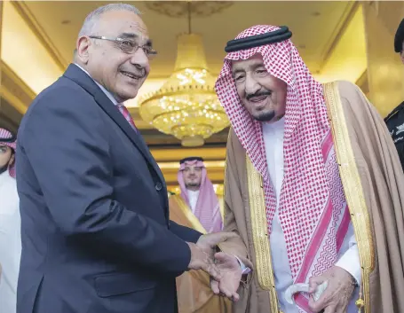  ?? EPA ?? King Salman of Saudi Arabia receives Iraq’s Prime Minister Adel Abdul Mahdi in Riyadh yesterday