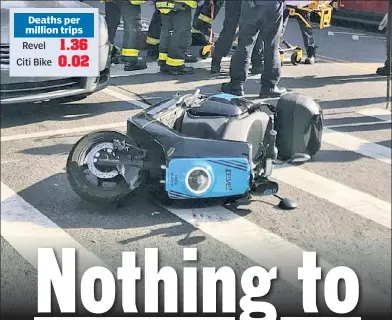  ??  ?? TRAGIC: Fatal crashes of Revel scooters — such as this one in July in Brooklyn — led to greater precaution­s from the scooter-share company. Officials warned that riding a Revel is far more dangerous than a Citi Bike.