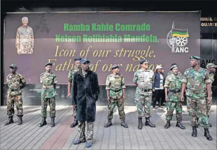  ?? Photo: Oupa Nkosi ?? Young guns: Umkhonto weSizwe veterans stand guard during a protest outside Luthuli House last year. If a veteran is 30 years old today, he would have been seven when he was recruited.