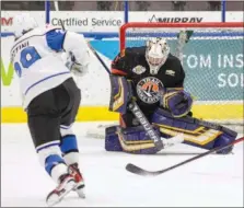  ?? ?? File photo
Penticton Vees forward Steffano Bottini fires a puck at the Trail Smoke Eaters net during a regular season contest in October. The two clubs open their first-round BCHL playoff series on Thursday night at the South Okanagan Events Centre.