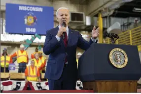  ?? (AP/Patrick Semansky) ?? President Joe Biden speaks about his economic agenda Wednesday at a training center in De
Forest, Wis.