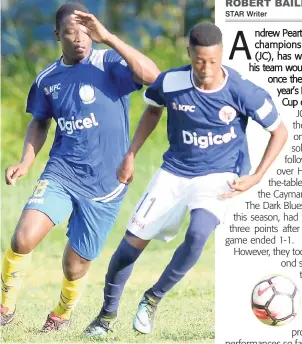  ??  ?? Norman Campbell of Jamaica College (right) dribbles away from Hydel defender Kevin Johnson during their ISSA/Digicel Manning Cup encounter on Saturday at Caymanas. JC won 3-2.