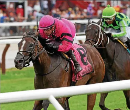  ?? PHOTO CHELSEA DURAND/NYRA ?? On the rail and in the lead, Ruby Notion captured Monday’s $200,000 Caress Stakes.