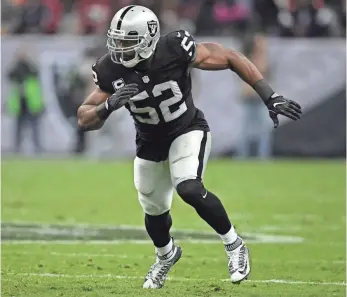  ?? KIRBY LEE, USA TODAY SPORTS ?? Defensive end Khalil Mack is formidable, but the Raiders need to give him help on defense.