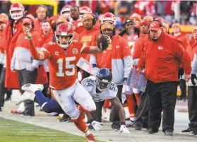  ?? Rich Sugg / Kansas City Star /TNS ?? Kansas City quarterbac­k Patrick Mahomes also is dangerous running the ball, as he showed with a 27yard touchdown run in the AFC title game.