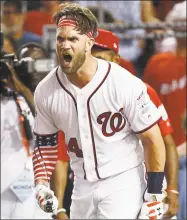  ?? Patrick Semansky / Associated Press ?? Bryce Harper reacts during the final round of the Home Run Derby on Monday in Washington.