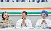  ?? ANI ?? Congress leaders Sonia Gandhi, Rahul Gandhi and Manmohan ■
Singh at a CWC meeting in New Delhi on May 25.