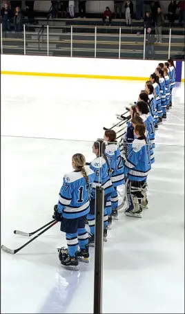  ?? Staff Photo ?? The South County Storm line up for the national anthem during a 5-2 win in an injury fund game against MSC/ Cumberland/Lincoln in Harrisvill­e on Dec. 2.