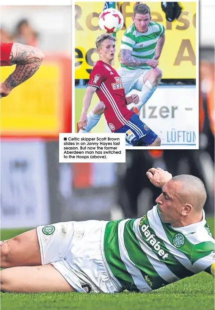  ??  ?? Celtic skipper Scott Brown slides in on Jonny Hayes last season. But now the former Aberdeen man has switched to the Hoops (above).