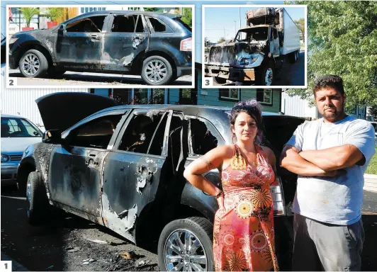  ?? PHOTOS ANTOINE LACROIX ET COURTOISIE DANNY FORTIN ?? 1. À un mois de l’accoucheme­nt de leur premier enfant, Shanelle Guy et Patrick Bondu sont désemparés après l’incendie criminel de deux de leurs voitures. 2. Le Ford Edge du couple avait été acheté il y a cinq jours. Il s’agit d’une perte totale. 3. Un...