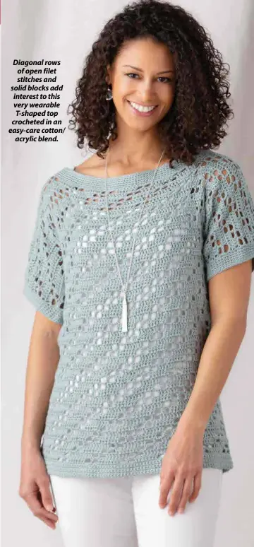  ??  ?? Diagonal rows of open filet stitches and solid blocks add interest to this very wearable T-shaped top crocheted in an easy-care cotton/ acrylic blend.